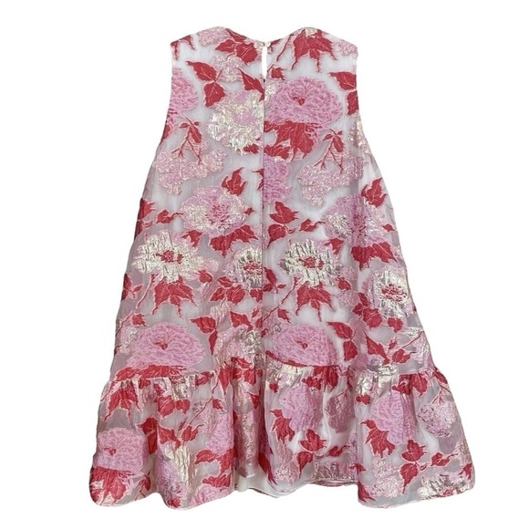 Ariana Rockefeller Metallic Floral Ruffle Hem Mini Dress Pink Red Gold Size 12 - Picture 2 of 7